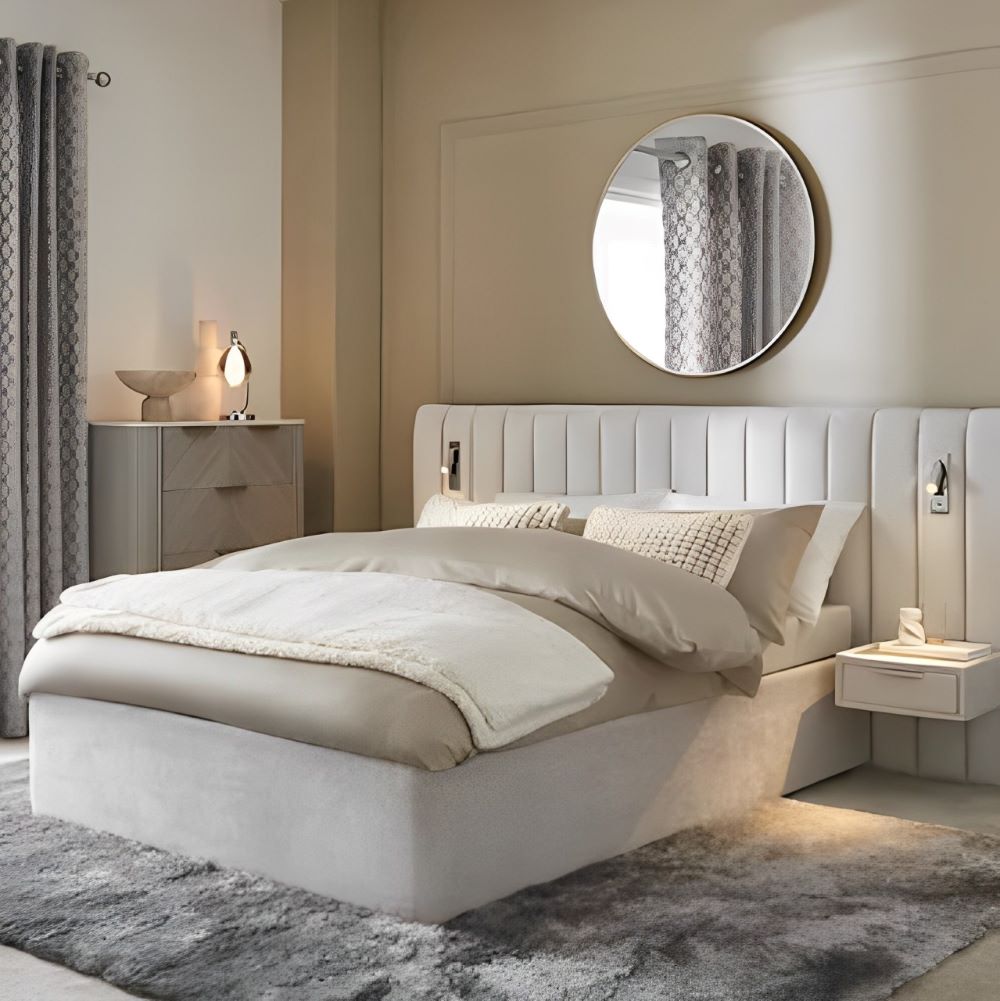 Splash Upholstered Ottoman Bed with Bedside Tables and Built-In Lights Splash Upholstered Ottoman Bed with Bedside Tables and Built-In Lights