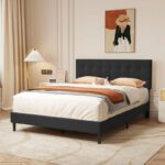 Button Tufted Linen Bed with Upholstered Headboard