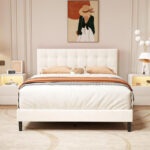 Button Tufted Linen Bed with Upholstered Headboard