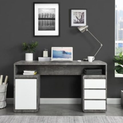 Splash FSM Wooden Computer Desk in Concrete Effect and Gloss White