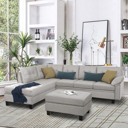 Kivona Sectional Sofa Set with Chaise and Storage Ottoman